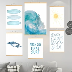 Summer Surf Shark Fish Waves Sun Sea Quote Solid Wood Hanging Scrolls Painting Posters Prints Wall Pictures Baby Kids Room Decor
