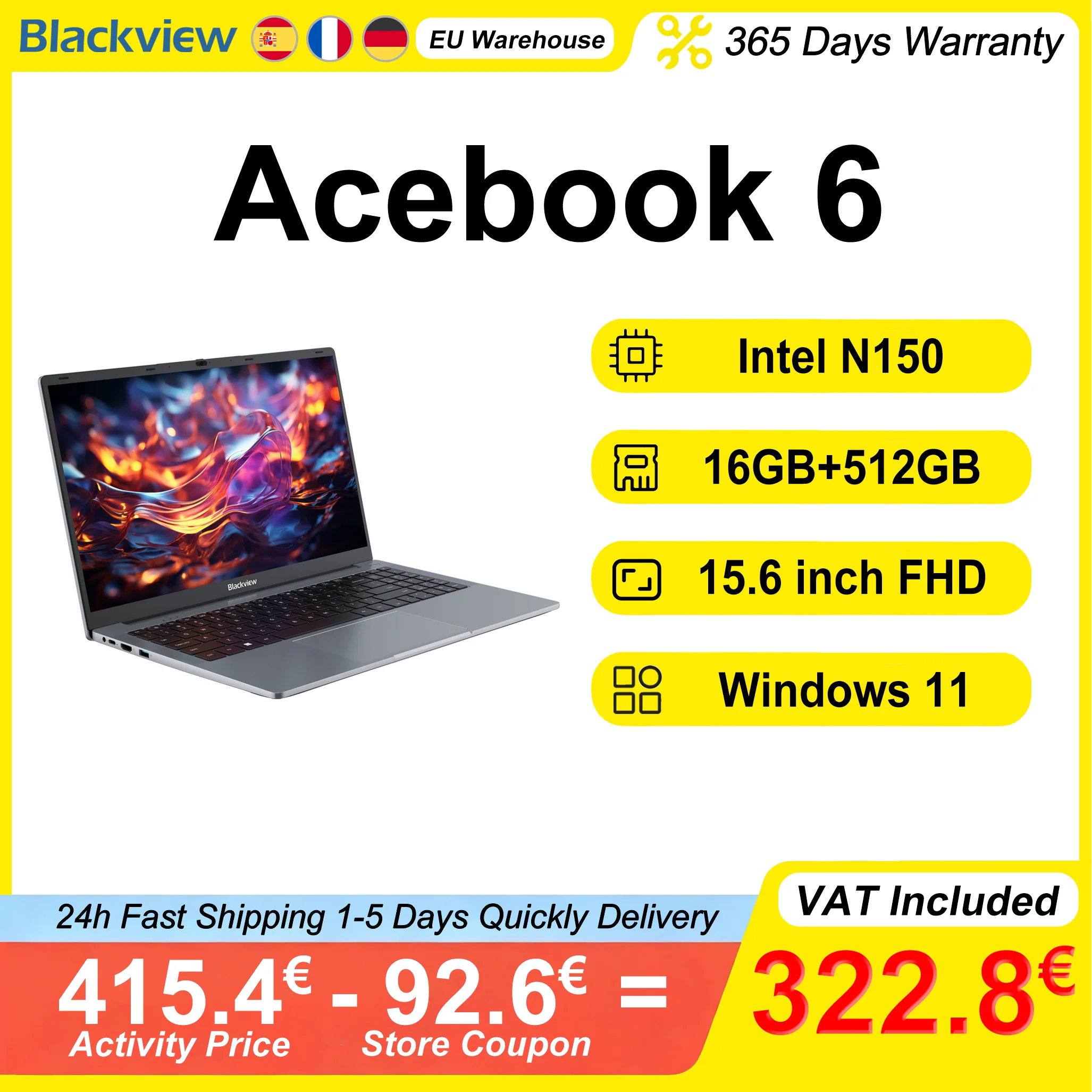 Blackview AceBook 6 laptop 15,6" FHD IPS Intel N150 16GB RAM 512GB SSD Windows 11 Home 180 °   Flip Notebook Intel UHD-afbeeldingen