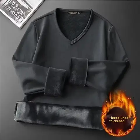 Thickened Fleece Warmth V-Neck Men's Long Sleeve Thermal Underwear round Neck T-Shirt Base Shirt Solid Color Men's Inner Wear