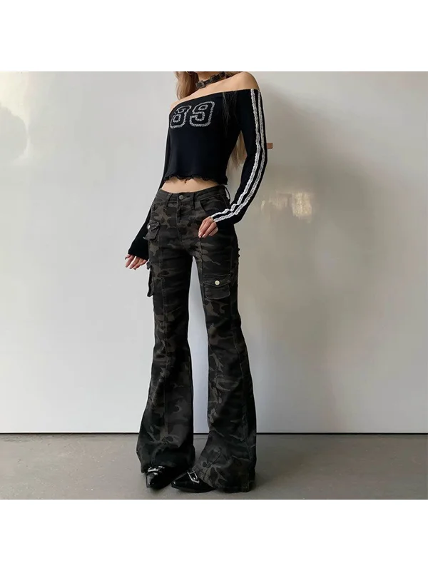 

plus Size High Street Camouflage Denim Work Trousers Women's Spring Autumn Vibe Micro Flared Pants Multiple Pockets Fashion