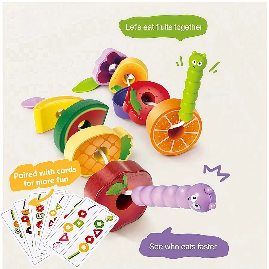 Montessori Threading Speelgoed voor peuters, Fruitvorm Afbeelding Cognitie Leren, Classificeren en stapelen Fijne motoriek Speelgoed