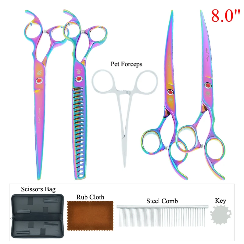 

8 inch Purple Dragon 4pcs Pet Dog Cat Hair Scissors Set Animals Grooming Shears Straight Curved Cutting Thinning Clipers B0051B