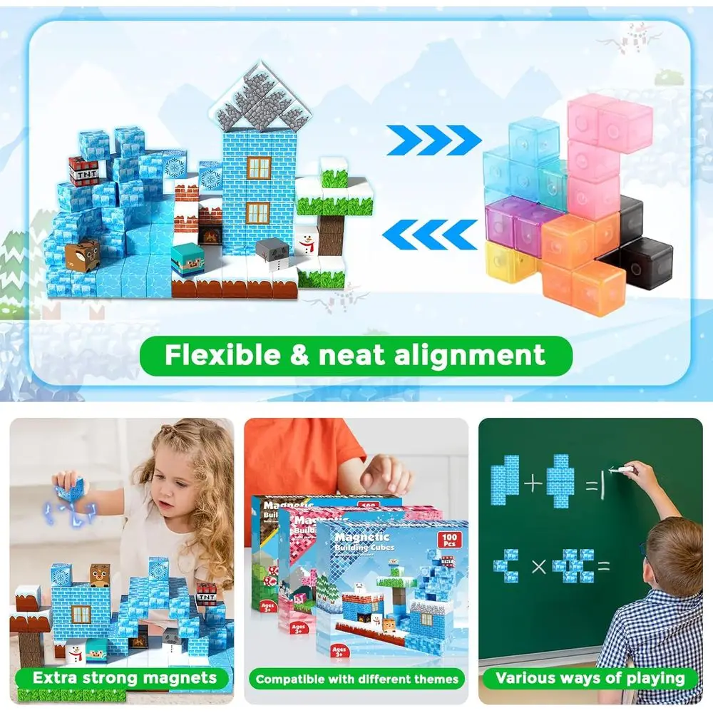 자석 블록 - 얼음 성을 만들기 위한 100개 조각, 몬테소리 영감을 받은 어린이용 STEM 장난감, 3-10세 이상에게 이상적