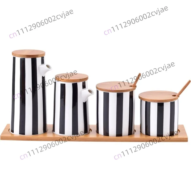 Nordic Ceramic Black and White Striped Spice Jar Set Salt Pepper Shaker Sugar Bowl Oil Soy Sauce Bottle Vinegar Pot Kitchen
