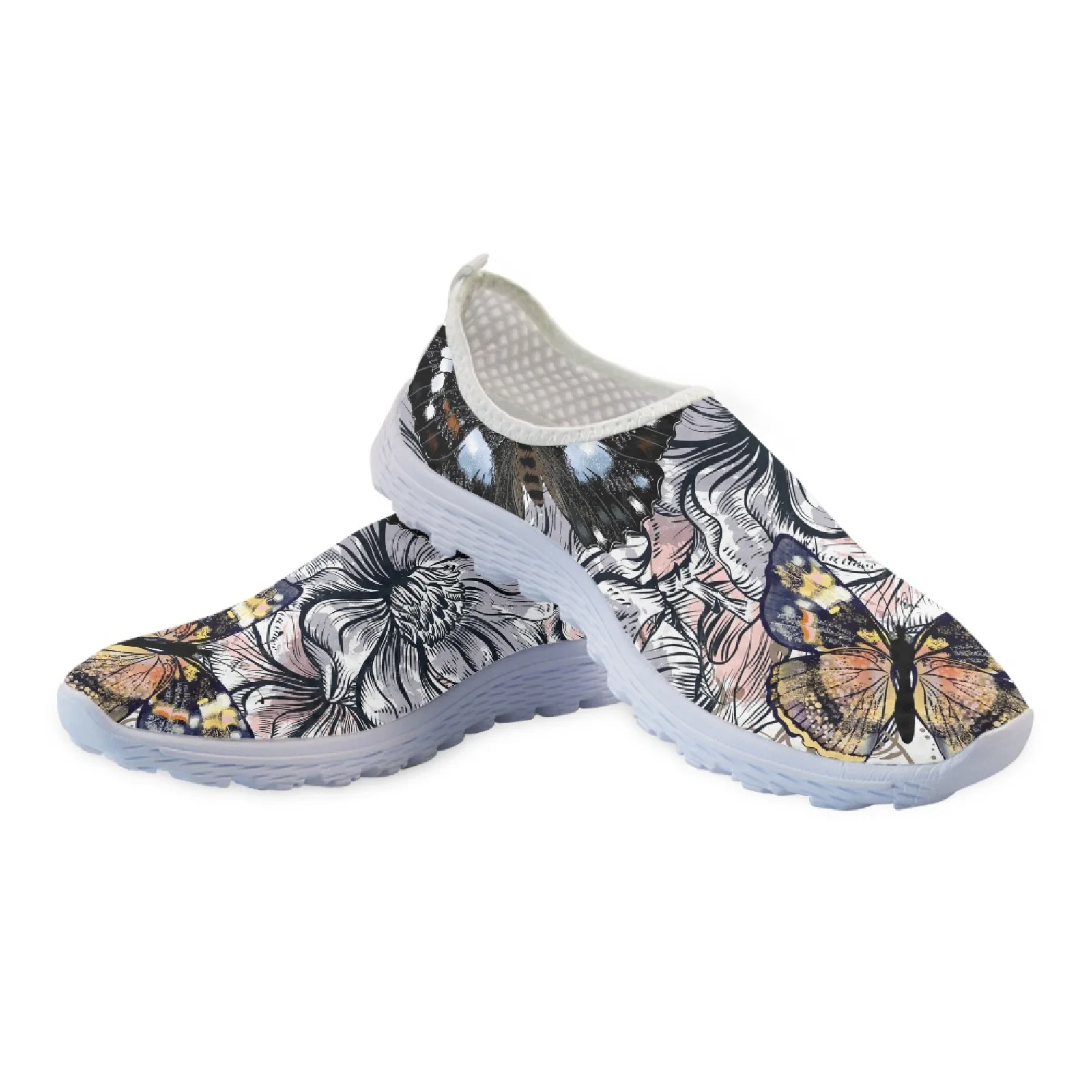 INSTANTARTS Boho Butterfly Loafers For Women Monarch Butterfly Comfortable Breathable Slip On Shoes Boho Flower Mesh Shoes Flats