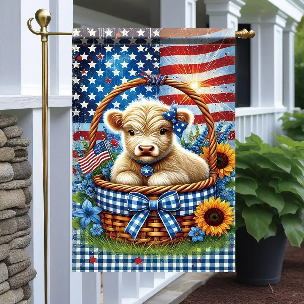 Tomhong Patriotic Cow Garden Flag 12x18 Inch Double Sided Cute Calf in Basket Yard Banner Red White Blue Gingham Outdoor Dec uui