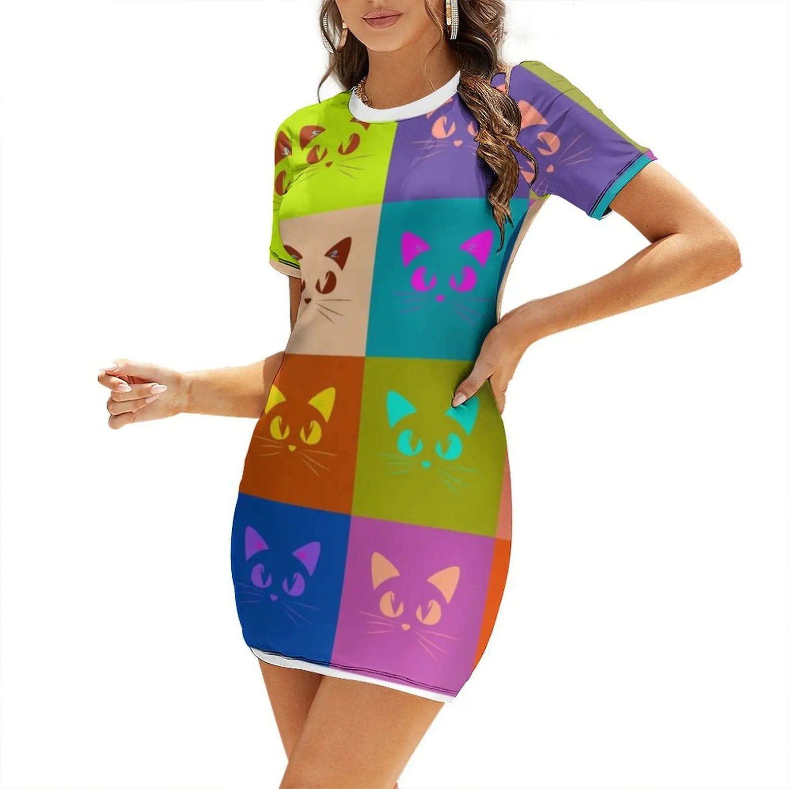 

cats pop art andy warhol style - best seller Short Sleeved Dress luxury woman evening dress summer outfits for women 2024