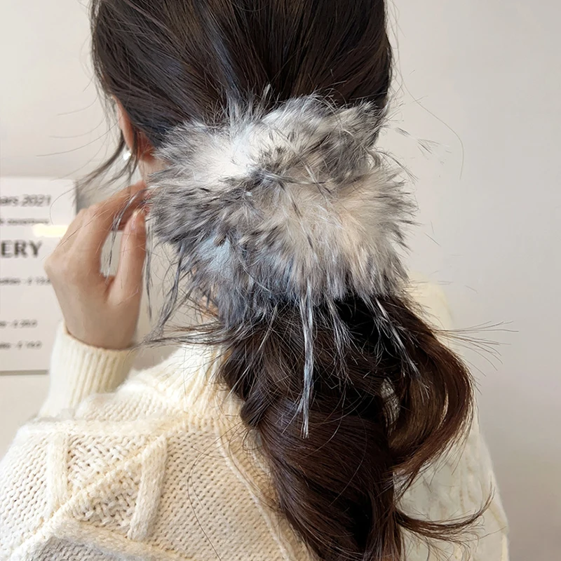 Elastic Large Feather Hair Loop Fluffy Hair Tie Ponytail Band Party School Office Daily Washing Face Scrunchie Headwear