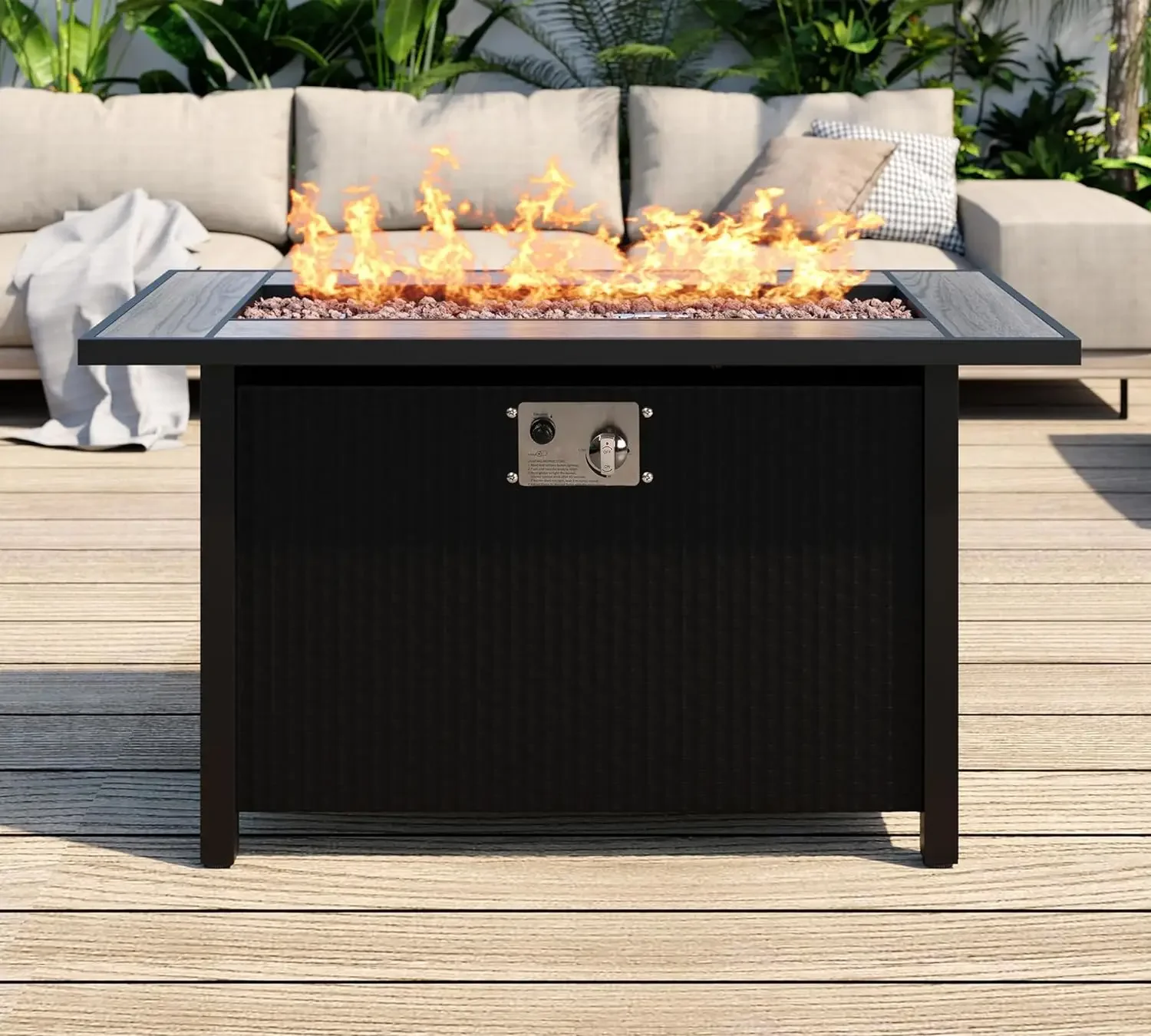 

45In Patio Propane Gas Fire Pit Table w/ Removable Lid & Waterproof Cover, 50000 BTU w/Lava Rock and Alumium Frame Tables，Grey