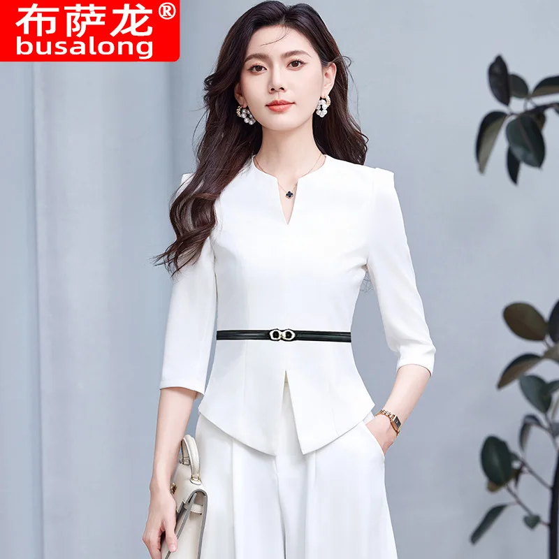 Korean Style High-End Long Sleeve Dress for Beauticians2025New Style Elegant Youthful Waist-Slimming Two-Piece Set Dress