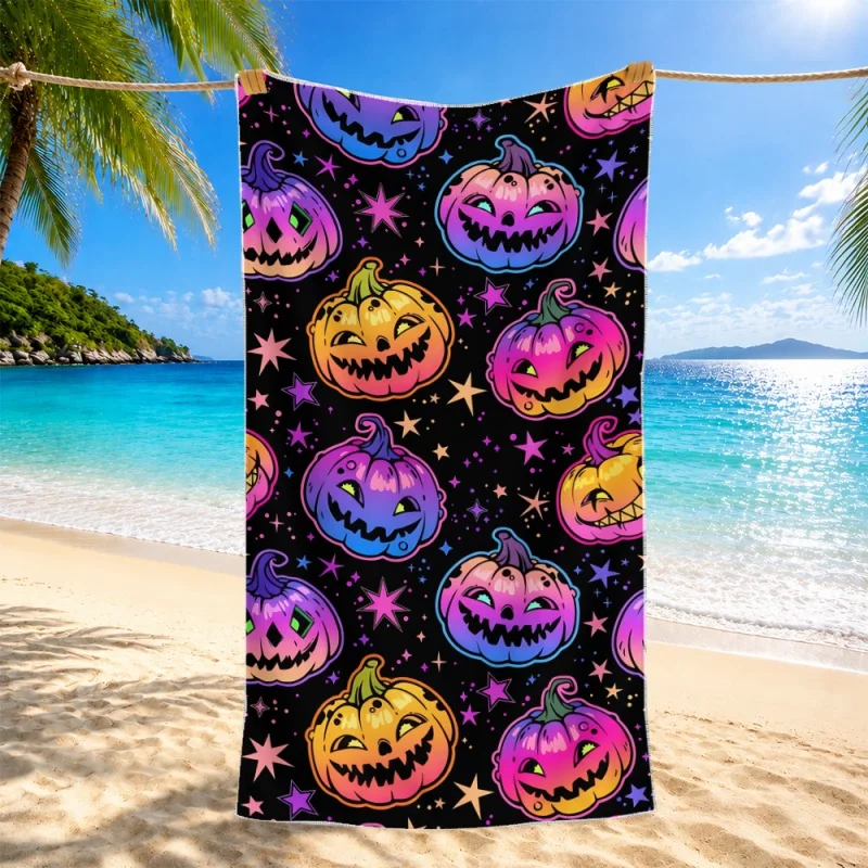Neon Colorful Pumpkin Star All Over Print Black Beach Towel Soft Quick Dry Travel Swimming Towel