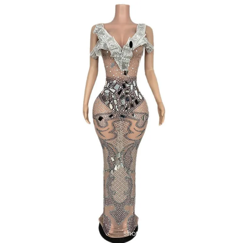 

Роскошное зеркальное платье премиум-класса с блестками, серебристое телесное платье с запахом на бедрах, женское платье премиум-класса для ежегодного собрания, модное платье Femme Chic Et Élégante