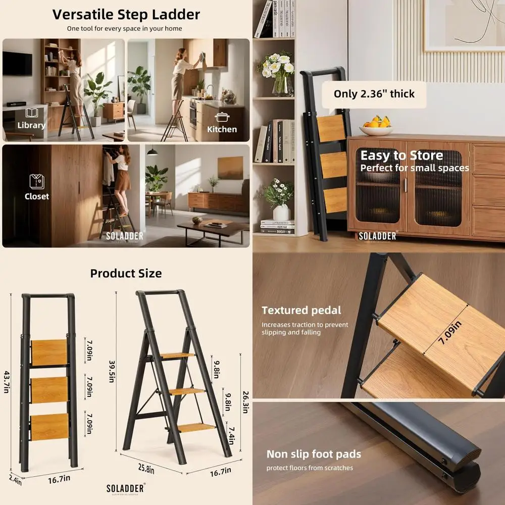 3 Step Ladder with Handrails, Lightweight Aluminium Folding Step Stool for Adults to Use in Kitchen,Closet and Library,300lbs(Bl