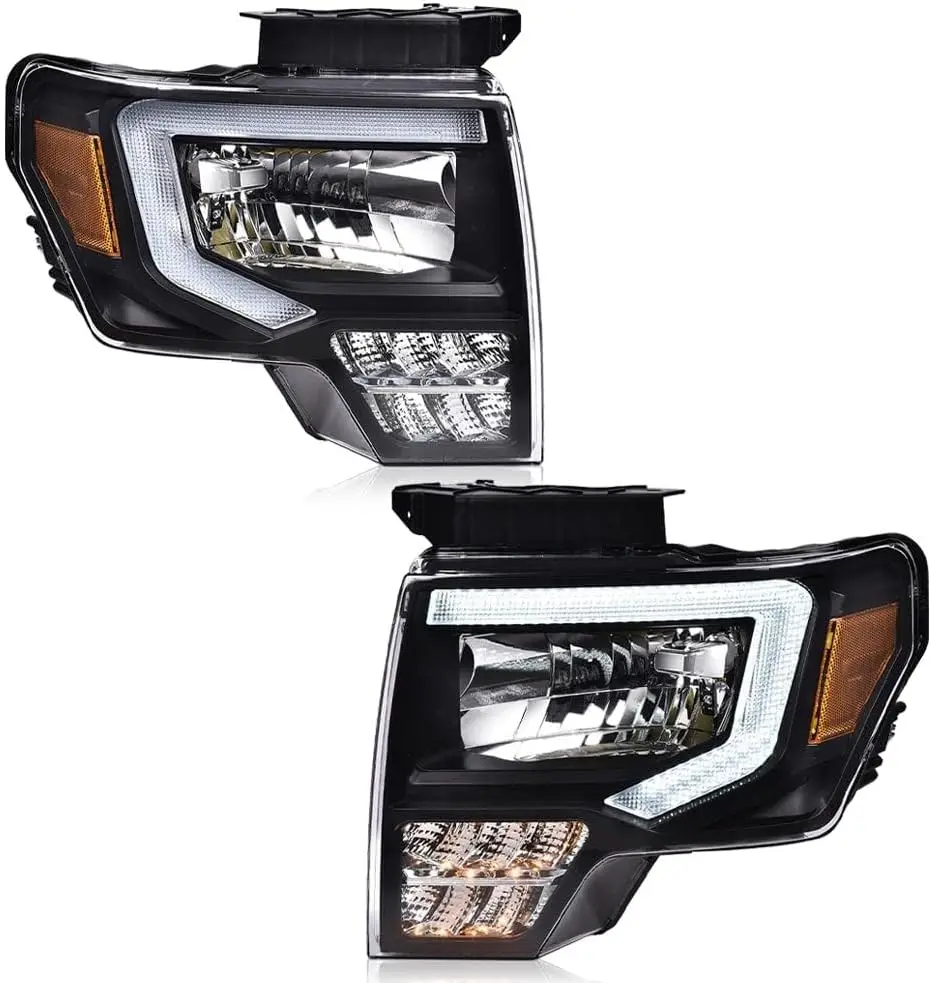 Compatible with 2009-2014 Ford F150 LED DRL Headlight Assembly Pair, Driver & Passenger Side, Clear Lens with Amber Reflector
