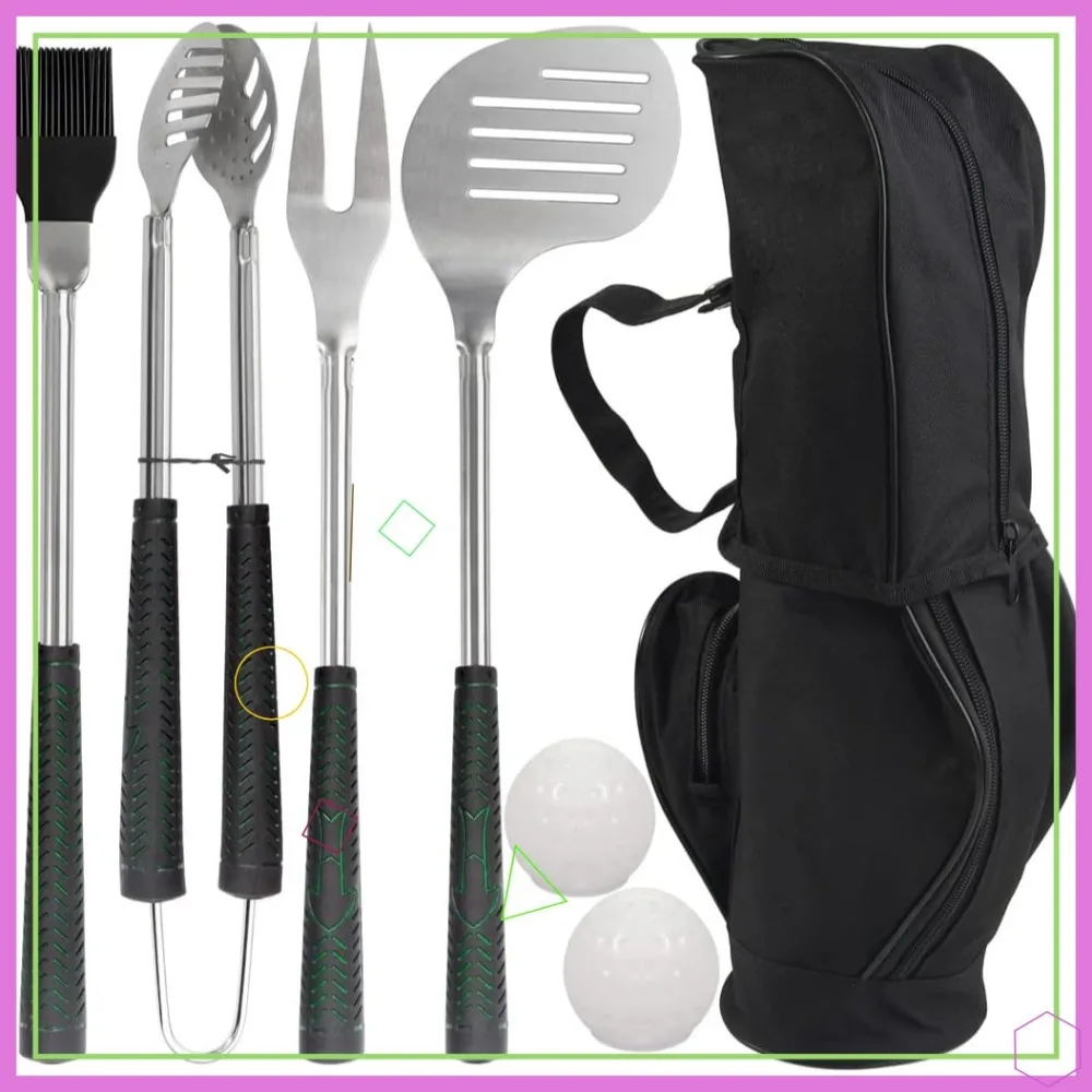 

7-Piece Golf-Themed BBQ Tool Set with Stainless Steel and Rubber Handle - Perfect Outdoor Grill Accessories for Men