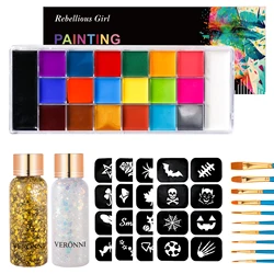 Face Body Paint Palette Oil Makeup Set 20 Colors SFX Halloween Party Painting with 10 pcs Artist Paintbrushes,Tattoo Stencil kit