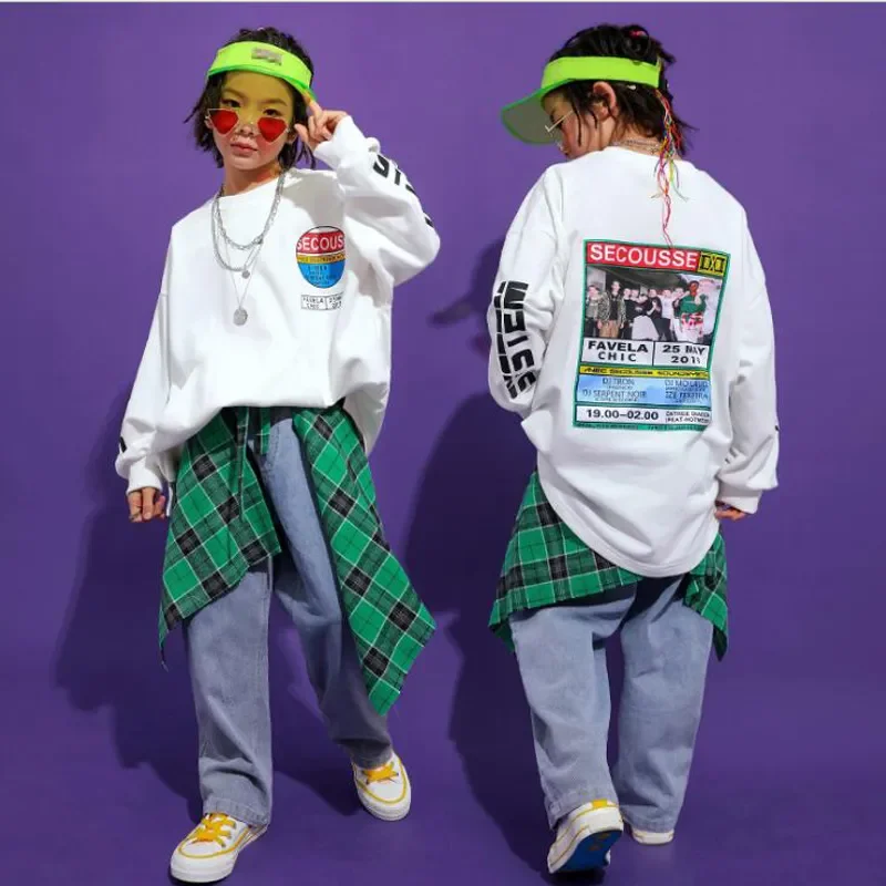 Vêtements de danse jazz pour enfants, tenue de scène pour enfants, vêtements de salle de Rhpour enfants, sweat-shirt blanc pour garçons et filles, vêtements Hip Hop