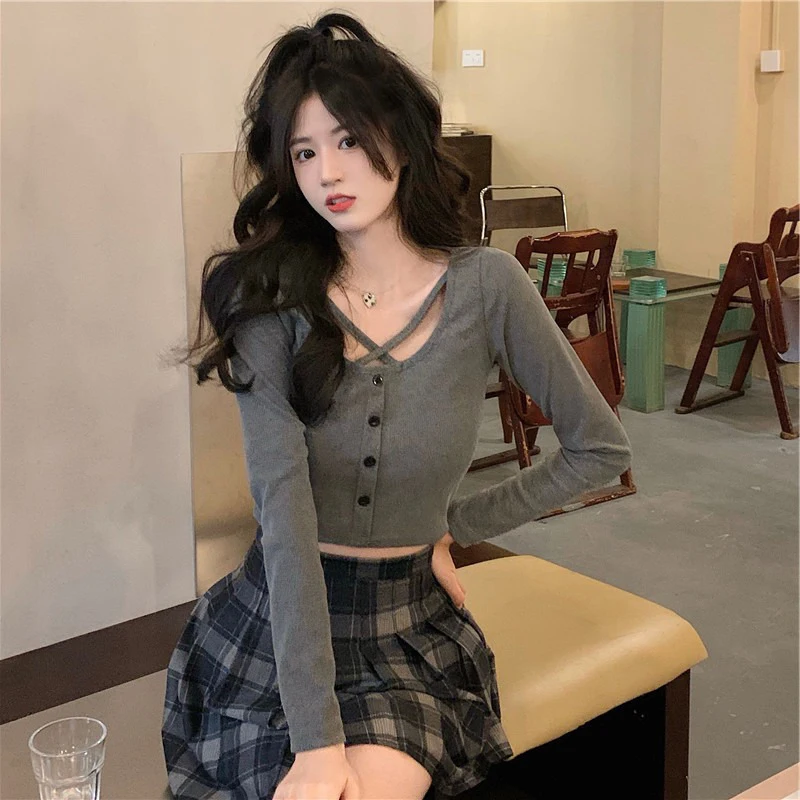 Pure Desire Style Long Sleeve Cross T-Shirt Sexy Clavicle Baser Short Top Korean Version round Neck Commute Wind Regular Fit