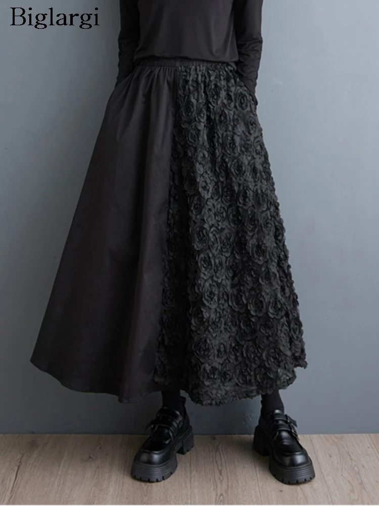 

Oversized Elastic High Waist Long Skirt Women Loose Fashion Patchwork Ladies Skirts Flower Casual Woman