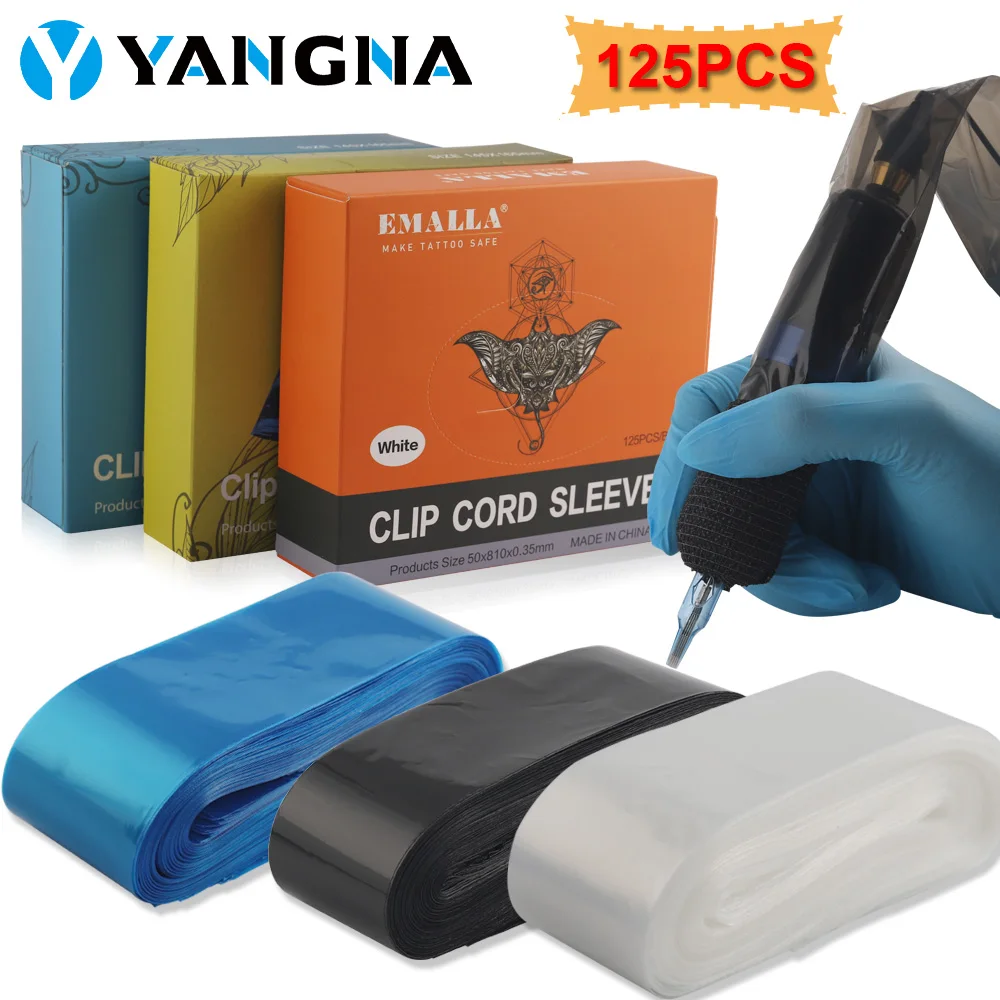 EMALLA 125pcs Tattoo Clip Cord Sleeves Covers Bags Black/Blue/White Plastic Tattoo Machine Protection Bags Tattoo Accessories