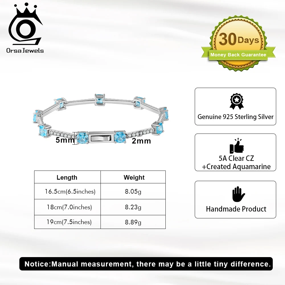 ORSA JEWELS Created Aquamarine Chain Bracelet 5A Clear CZ Genuine 925 Sterling Silver Bracelet for Women's Fashion Jewelry LZB05