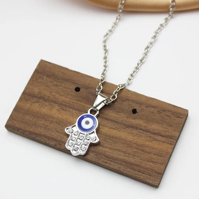 Korean Popular Crystal Fatima Enamel Palm Blue Evil Eye Pendant Fashion Chain Necklace Women Charm Clavicle Collar Jewelry Gift