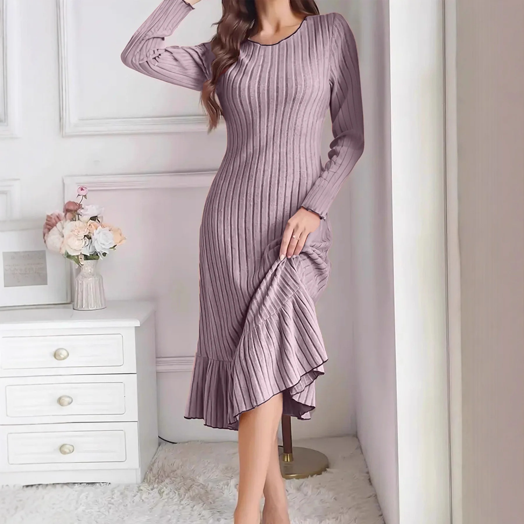 Women Round Neck Long Sleeve Ribbed Knit Dress Contrast Trim Ruffle Hem Slim Bodycon Elegant Daily Party Ladies Knitted Dress
