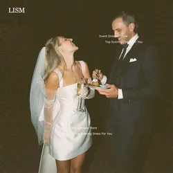 LISM Simple Short Satin Wedding Dresses Back Bow Sleeveless White Bridal Gowns Spaghetti Straps Bride Gowns Formal Party Dress