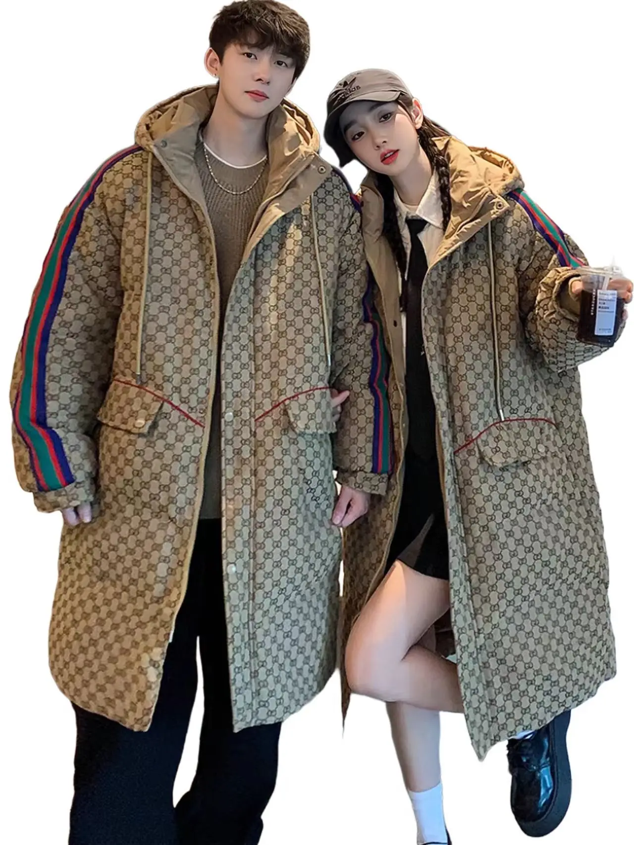 Men and Women\'s Couple Hooded Down Jacket, Medium Length Thickened Warm Trendy Coat, Retro Floral Coat, Winter New 2024