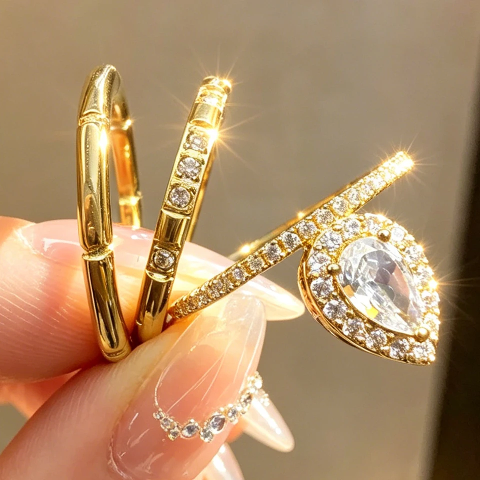 Yupsk 3pcs/set Gold Color Stainless Steel Stackable Rings With Sparkling Zircon Women Engagement Proposal Jewelry Gift