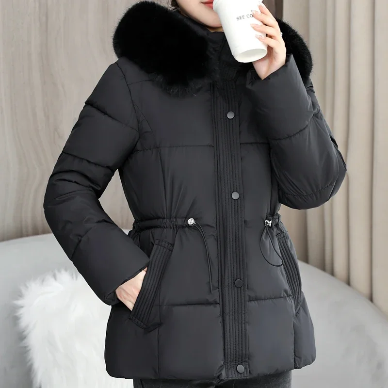 Fashion Winter Short Parkas Women Outerwears Hooded 2024 Faux Fur Collar Elegant Winter Coat Female Thick Warm Jackets