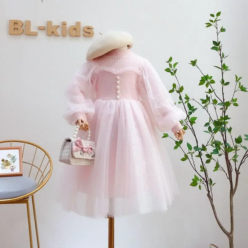 Korean Style Girls Dress 2024 Spring Autumn Long Sleeves Mesh Pearl Sweet Fashion Little Princess Dress 3-10 Years Kids Clothes