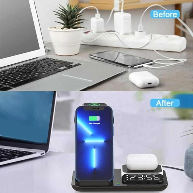 

R1WD Общая беспроводная зарядка с будильником и освещением Решение для беспроводной зарядки ABS + ПК для дома или офиса