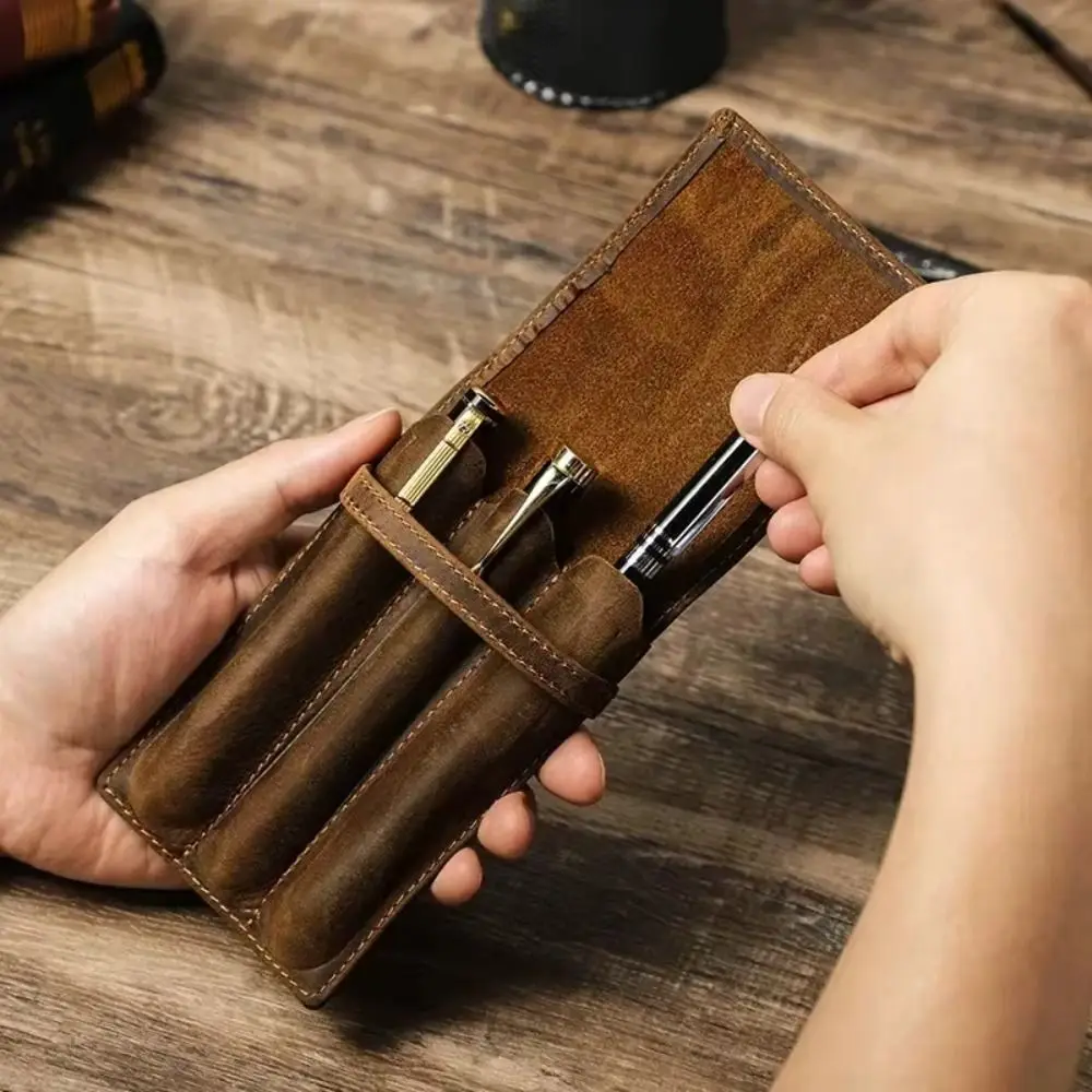 

Portable Large Capacity Pen Pencil Case Handmade Leather Pen Pouch Holder Durable Vintage Desktop Organizer Stationary