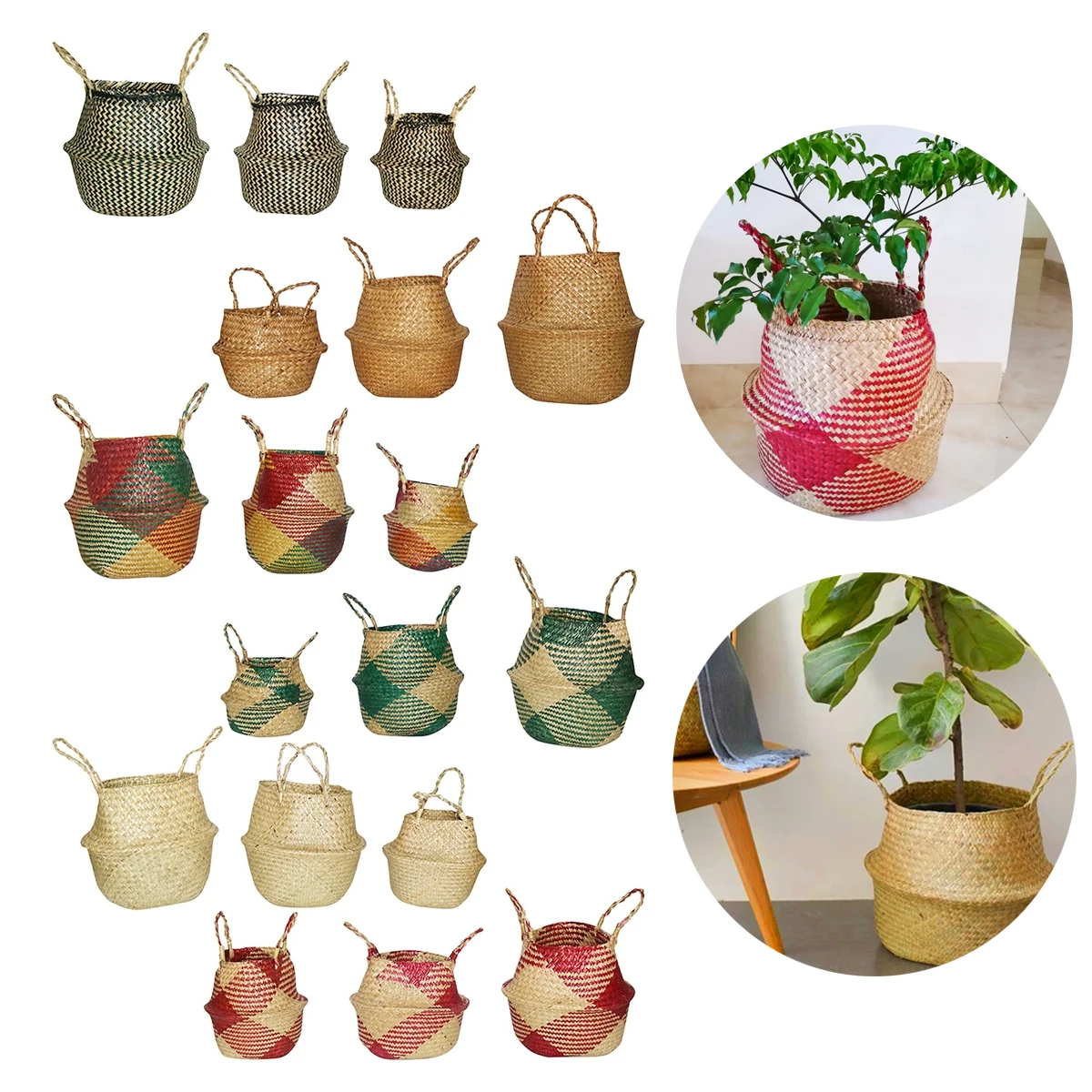 Multi-color Foldable Seagrass Woven Basket Garden Flower Pot Hanging Decoration Basket With Handle Clothes Toy Storage Container