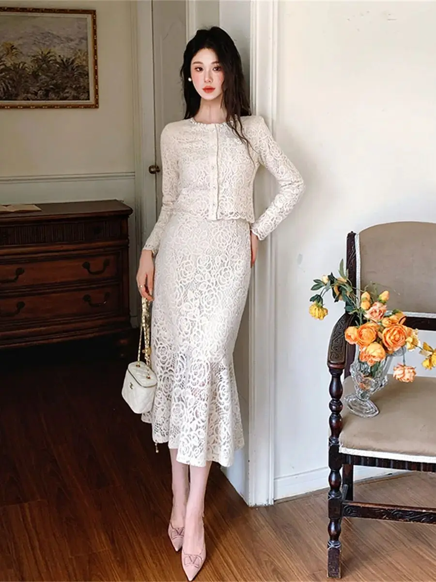 

High Quality Beaded Lace Skirt Suits Female 2025 Fall Elegant O-neck Crop Top with Fishtail Skirt Women's Set