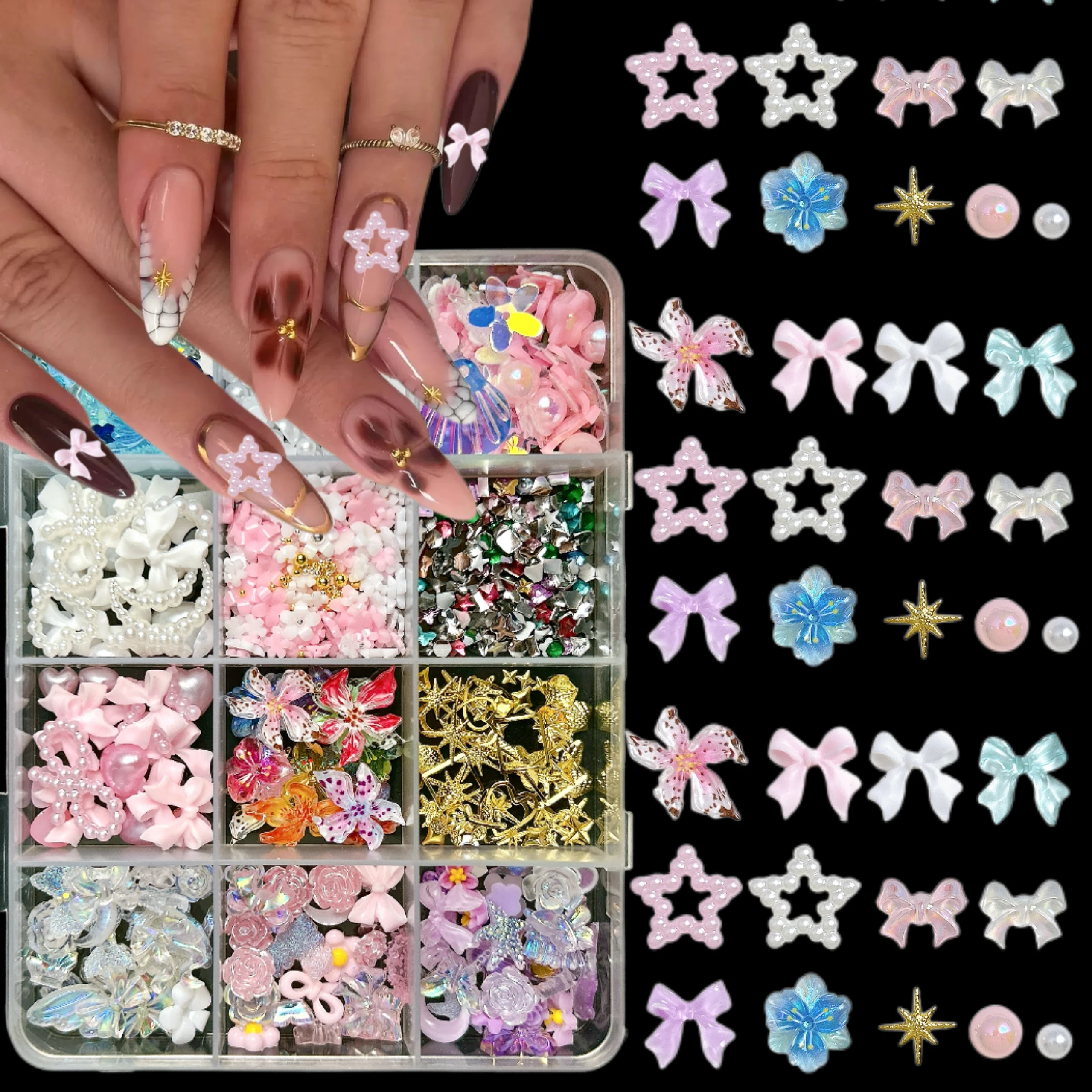 1 صندوق عشوائي مختلط سبيكة فراشة الكرز مسمار السحر شفافة القوس زهرة مقلد اللؤلؤ مختلط مسمار الفن زينة DIY الأظافر