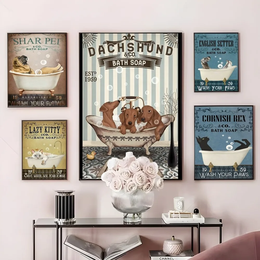 

Take Bath Wash Your Paw Cat Dog Cute Poster Sticky Wall Art Printing Waterproof Home Living Bed Room Bar Hallway Aesthetic Decor