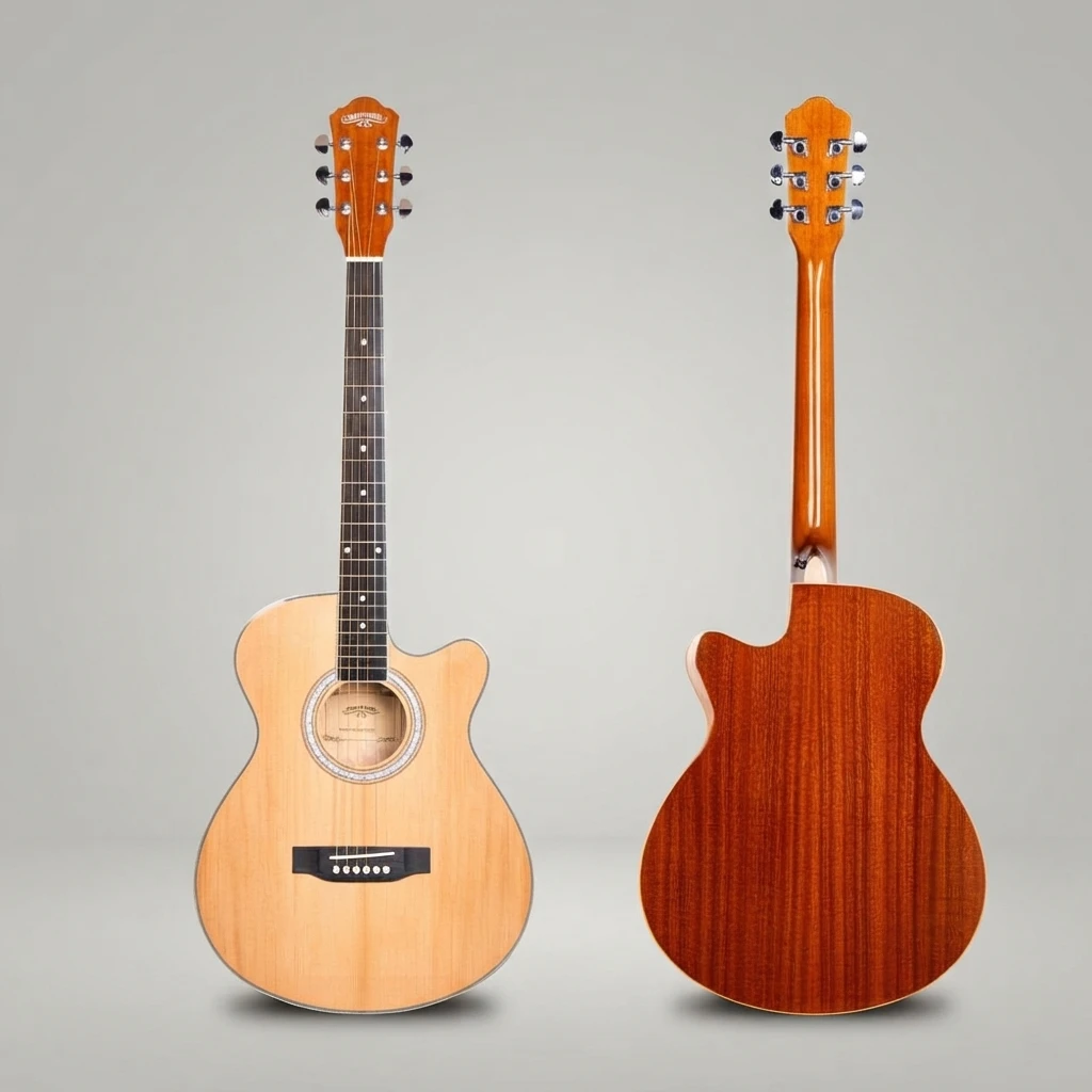 Natural Gloss Top Red-Brown Back Sides GA Cutaway Acoustic Guitar 6 Strings Golden Tuners for Beginners, Great for Practice