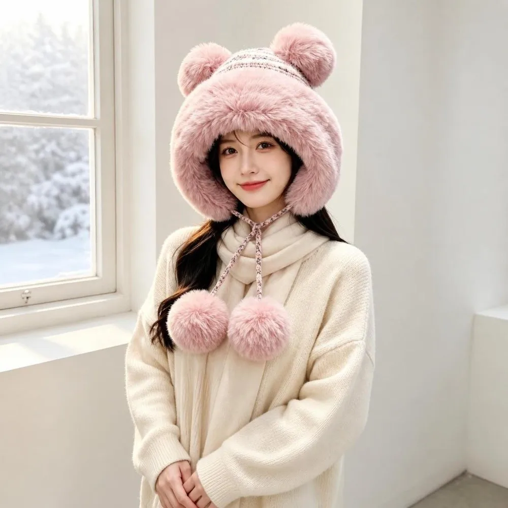 Soft Thickened Ear Protection Hat Anti-Cold Fleece Lined Winter Balaclava Hat Keep Warm with Fur Balls Knitted Hat Winter