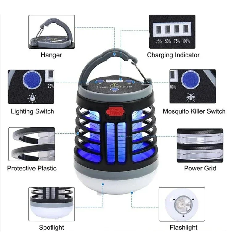 Hanging UV LED Mosquito Killer Lamp Electric Shock Insect Repeller Light USB Portable Outdoor Waterproof Hiking Camping Lantern