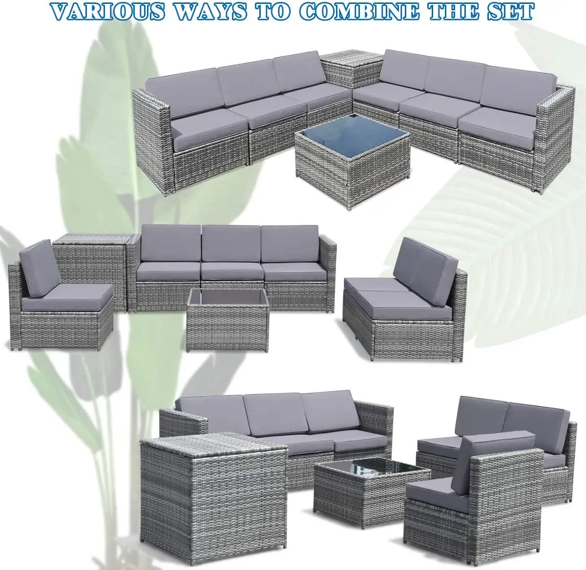 Outdoor Patio Furniture Set, Rattan Wicker Sofa Set, Sectional Sofa Couch Storage Table and Cushions for Garden Backyard