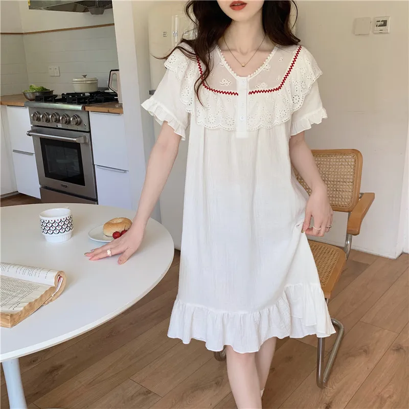 

Lace Crochet Summer Nightgown Women V-Neck Short Sleeve Casual White Night Dress Loose Cotton Ruffles Sleepwear Soft Sweet