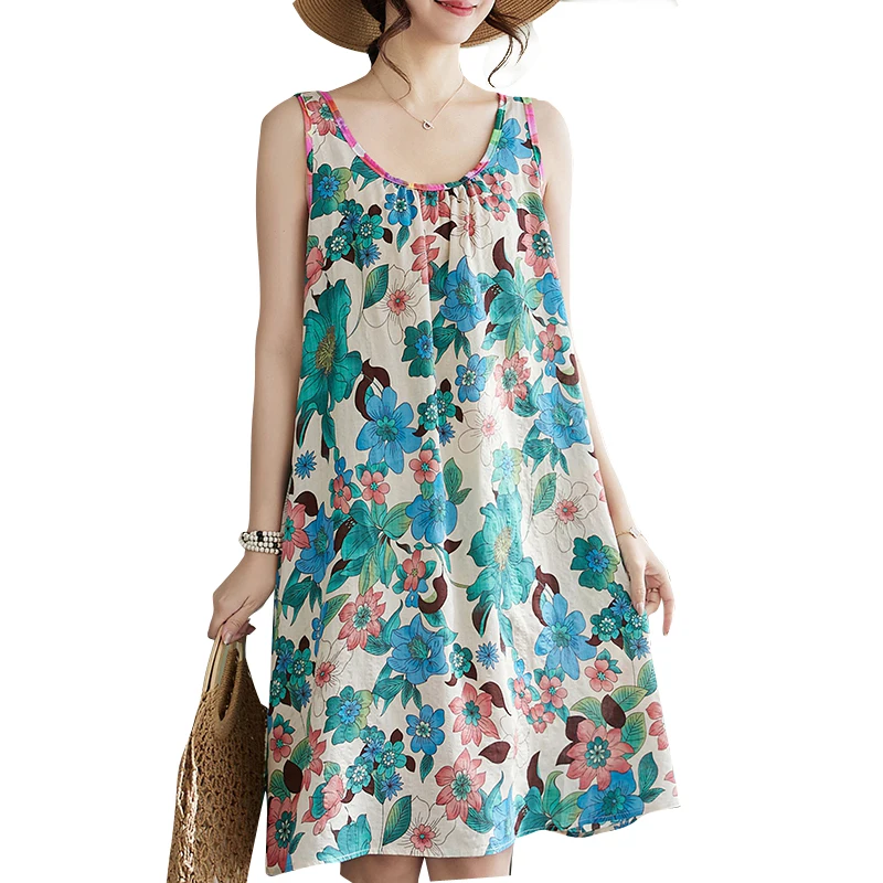 

Новое летнее женское платье больших размеров, повседневное свободное платье из хлопка и льна с круглым принтом и юбкой трапециевидной формы, милое платье с высоким воротником...