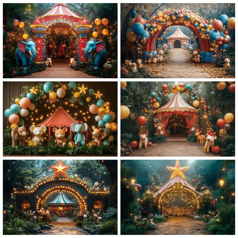Animals Circus Backdrop Red Tent Tropical Forest Baby Shower Kids Birthday Party Photography Background Decor Photostudio Props