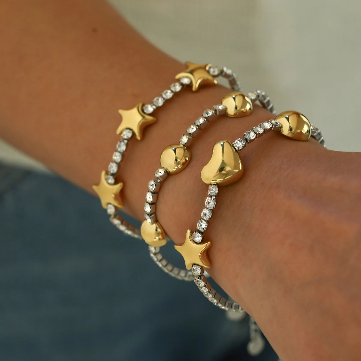 

18K Gold Plated Stainless Steel Bracelet Metal Color-Block Rhinestone Geometric Star Heart Full Diamond Chain Bracelet for Women