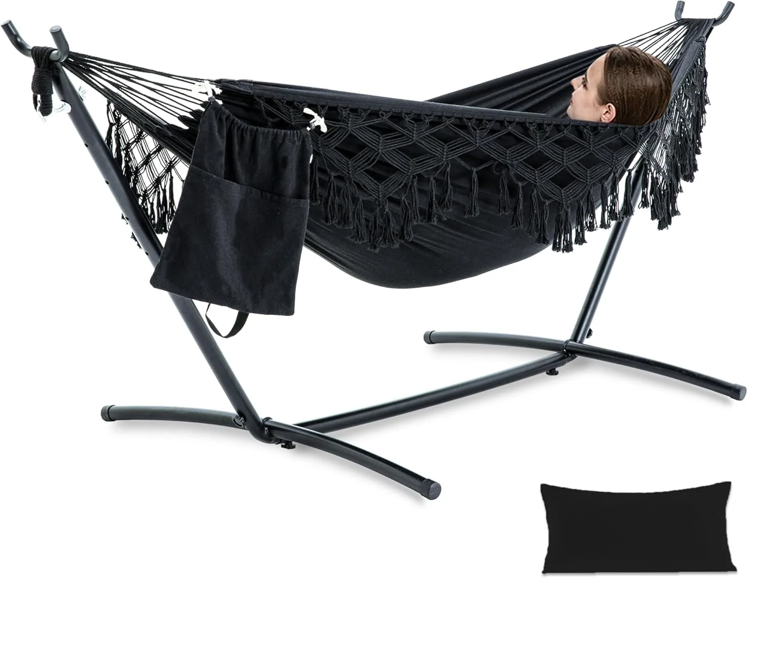 

Гамаки ручной работы с кисточками, двойной гамак с подставкой для наружного кемпинга, двора, максимальная мощность 450 фунтов, подушка и сумка для хранения в комплекте