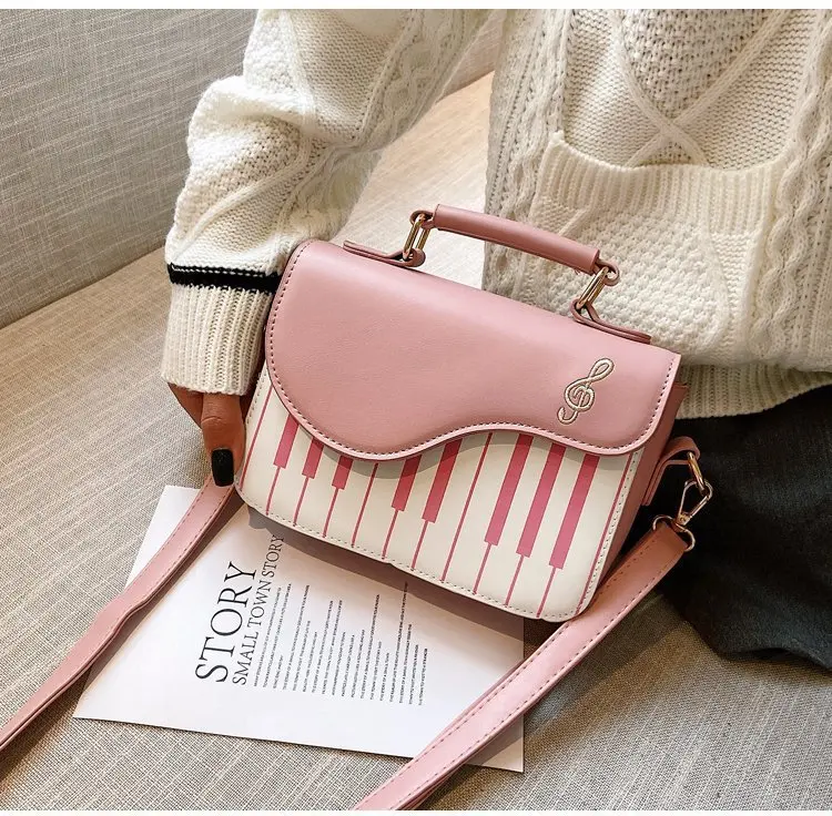

PU leather women's single-shoulder bag piano note contrasting color hand-held women's bag flip cover square crossbody bag Kawaii