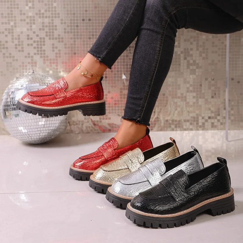 

Осенние повседневные лоферы больших размеров с круглым носком и глубоким носком на платформе, нескользящий одинарный каблук на блочном каблуке