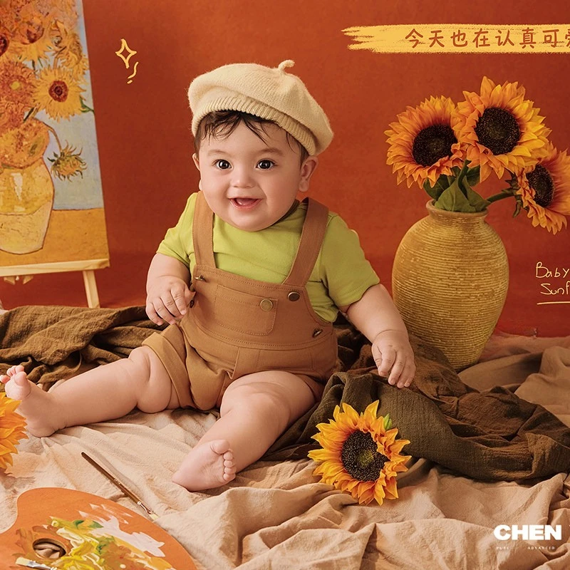 Baby Photography Props Infant Boys Painter Theme with Backdrop Outfit Hat Painting Sunflower Decor Mat Set for Studio Photoshoot